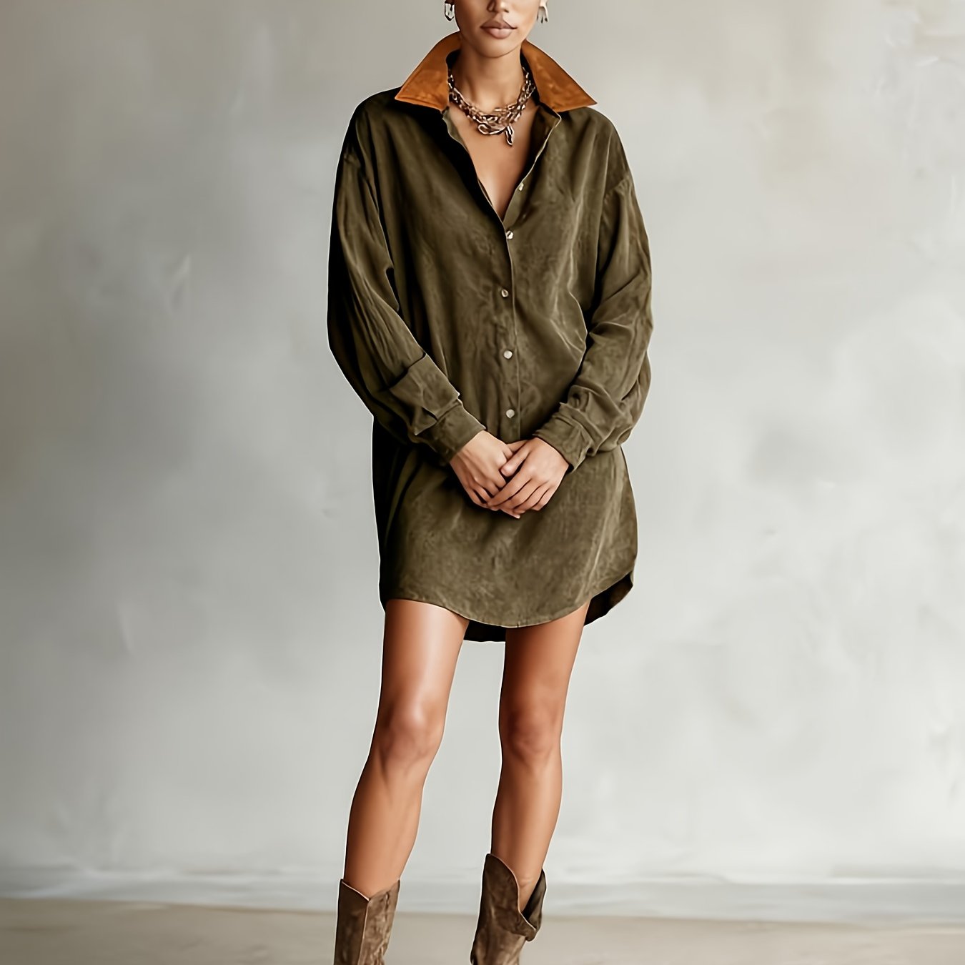 CHLOELAIN - COLLAR LONG SLEEVE MINI DRESS