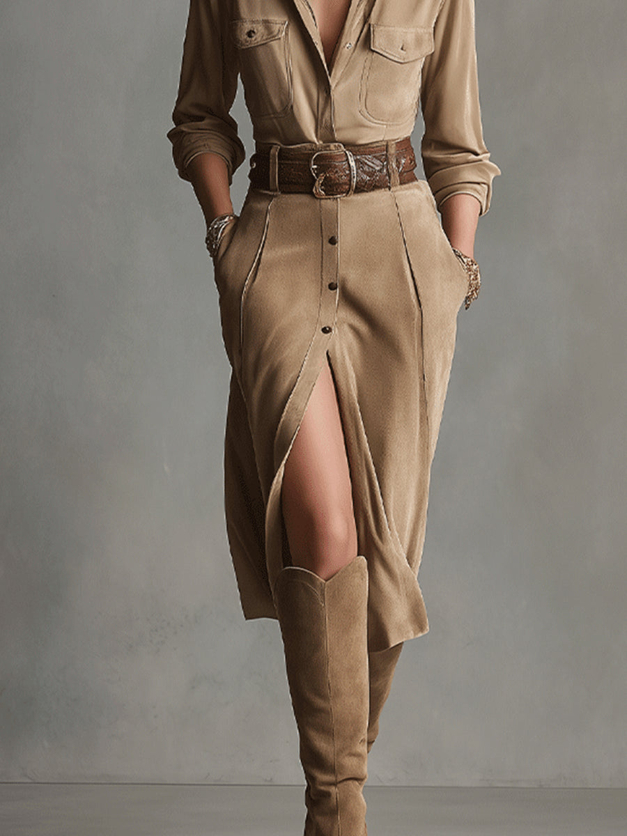 ALELIE - BROWN SUEDE MIDI DRESS