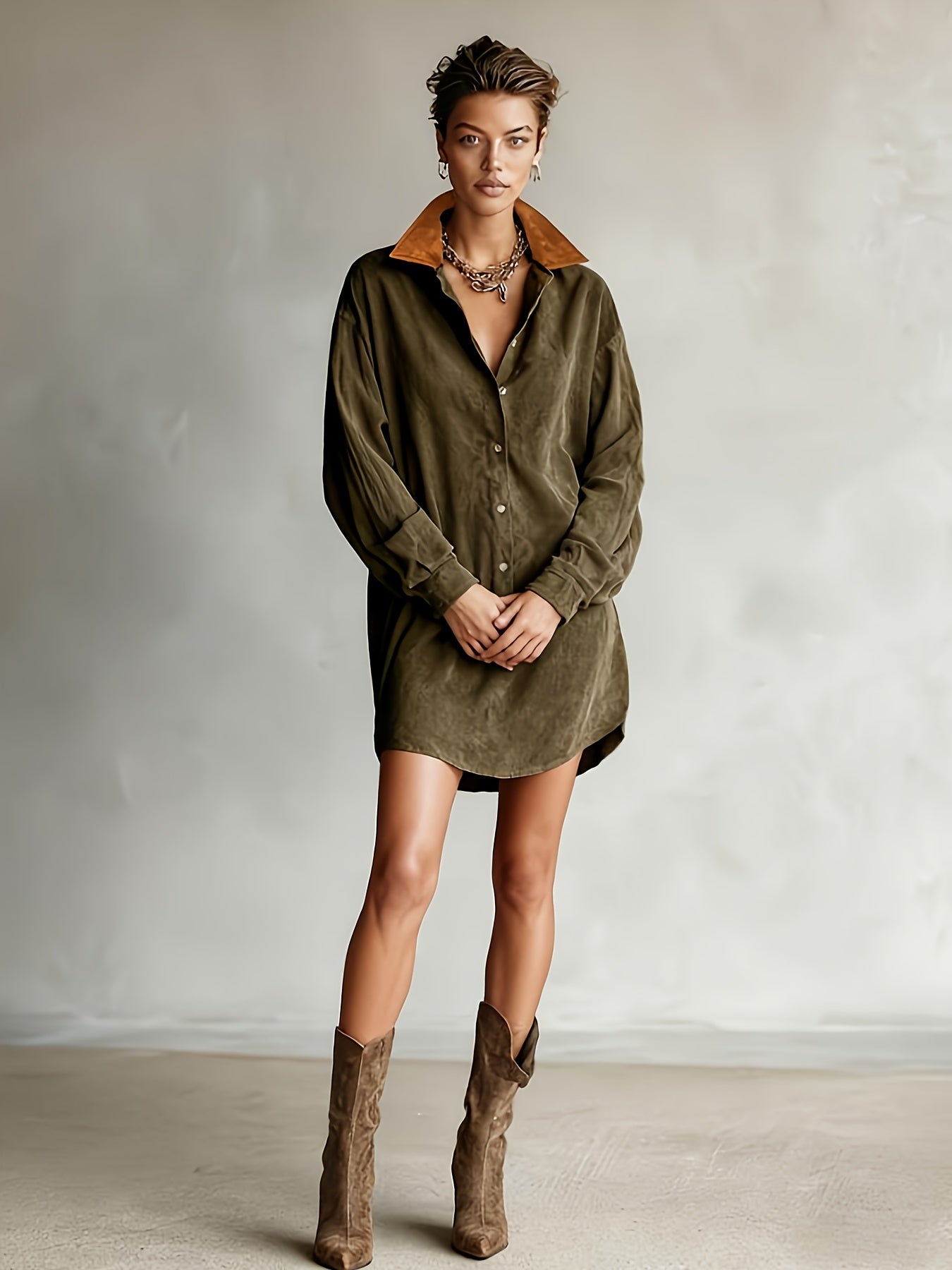 CHLOELAIN - COLLAR LONG SLEEVE MINI DRESS
