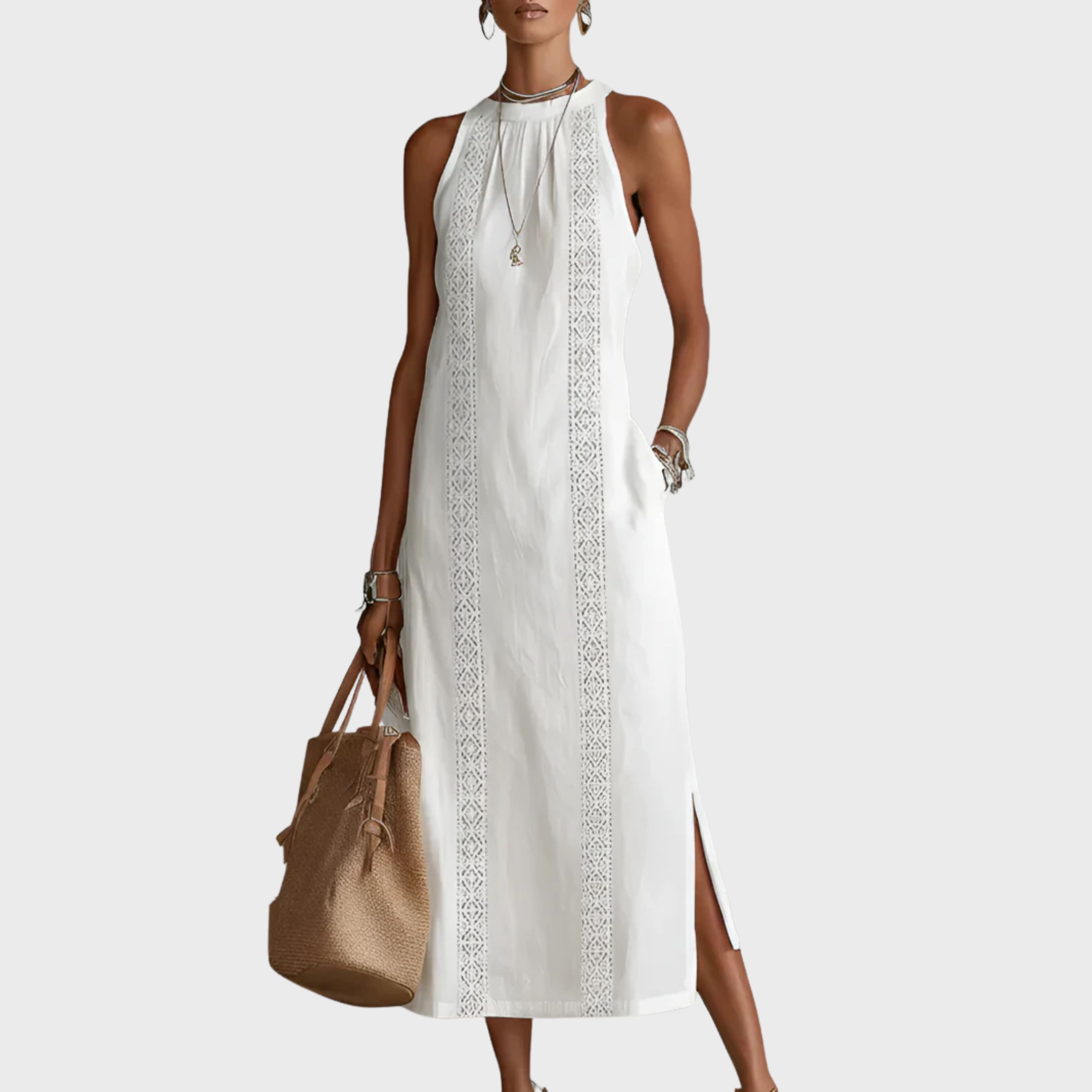 JIMENA - EMBROIDERED MANDARIN COLLAR MIDI DRESS