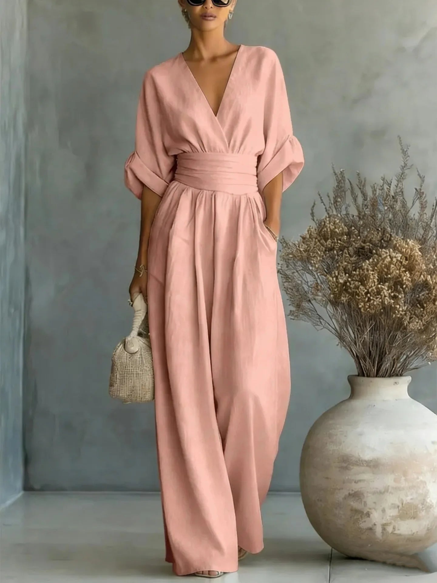 GRAINNE – ELEGANT WAISTED V-NECK JUMPSUIT