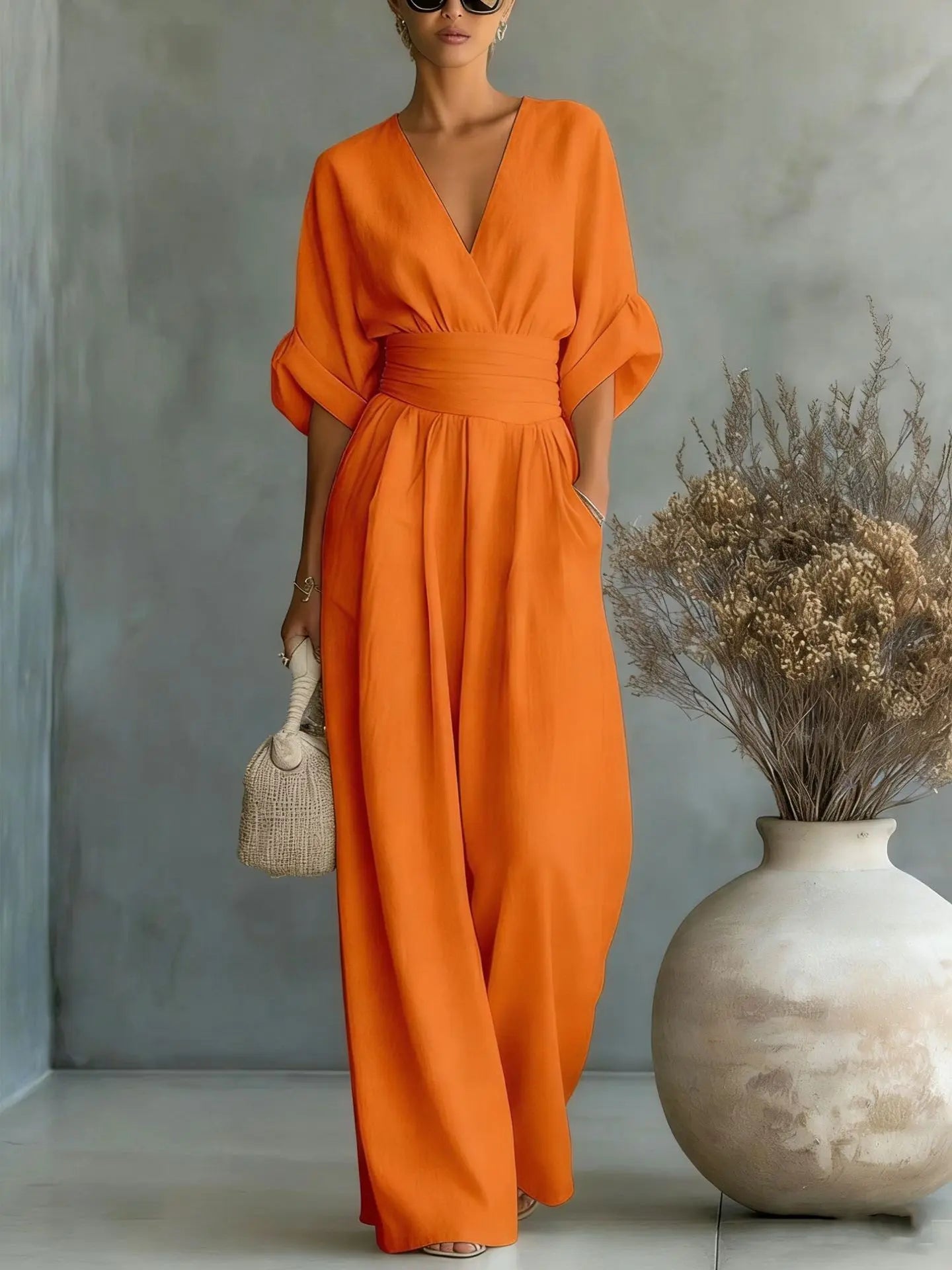 GRAINNE – ELEGANT WAISTED V-NECK JUMPSUIT