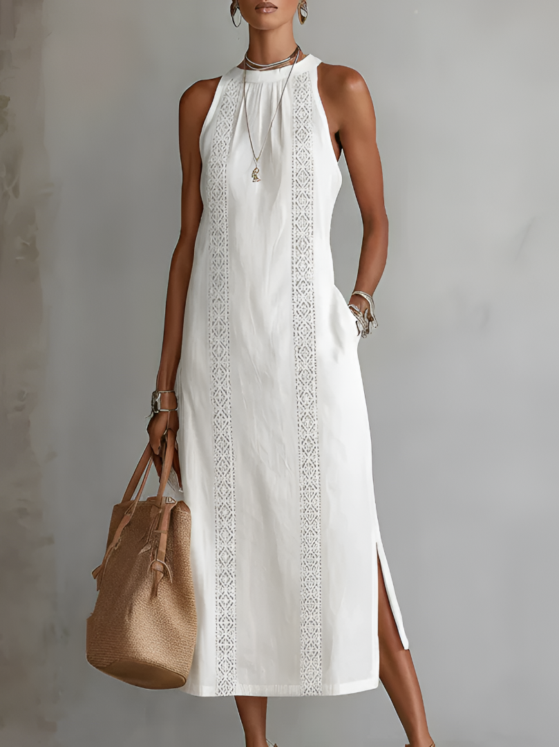 JIMENA - EMBROIDERED MANDARIN COLLAR MIDI DRESS