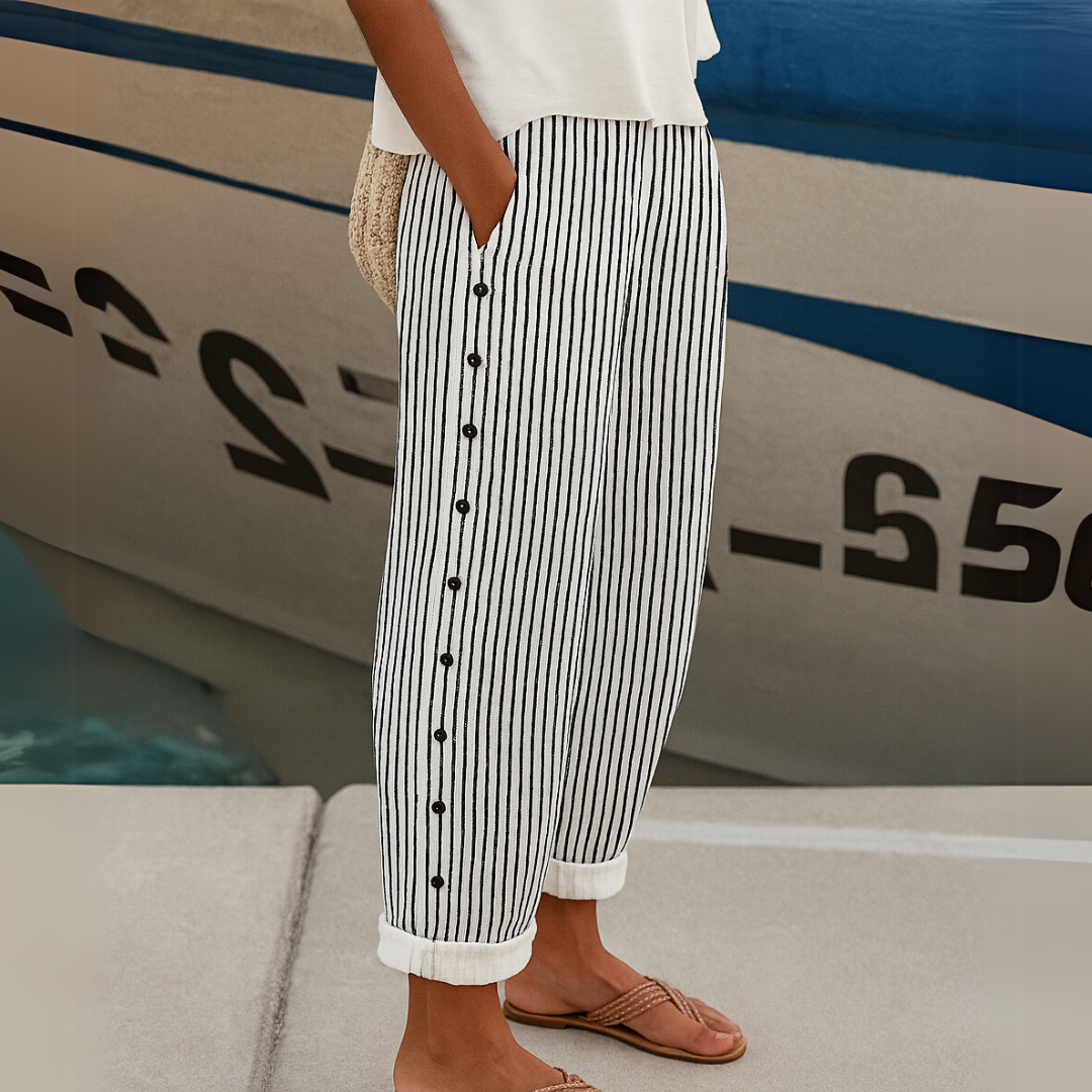 JOVIE - BUTTON-DETAIL STRIPED TROUSERS