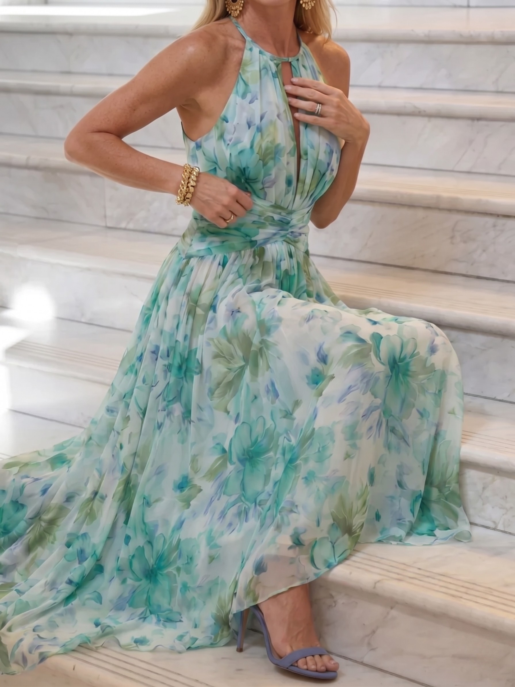 PORTIA – PLEATED HALTER FLORAL MIDI DRESS