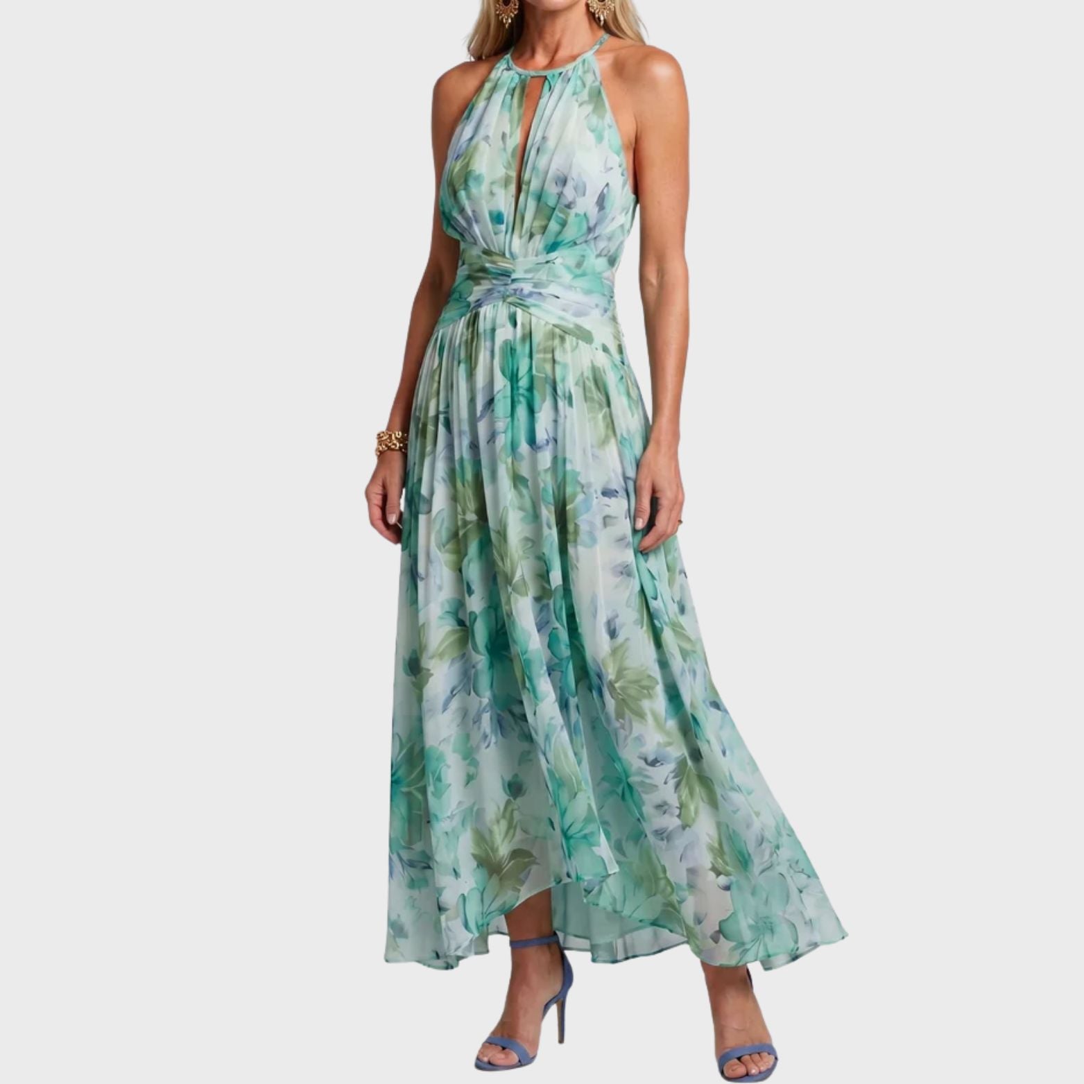 PORTIA – PLEATED HALTER FLORAL MIDI DRESS