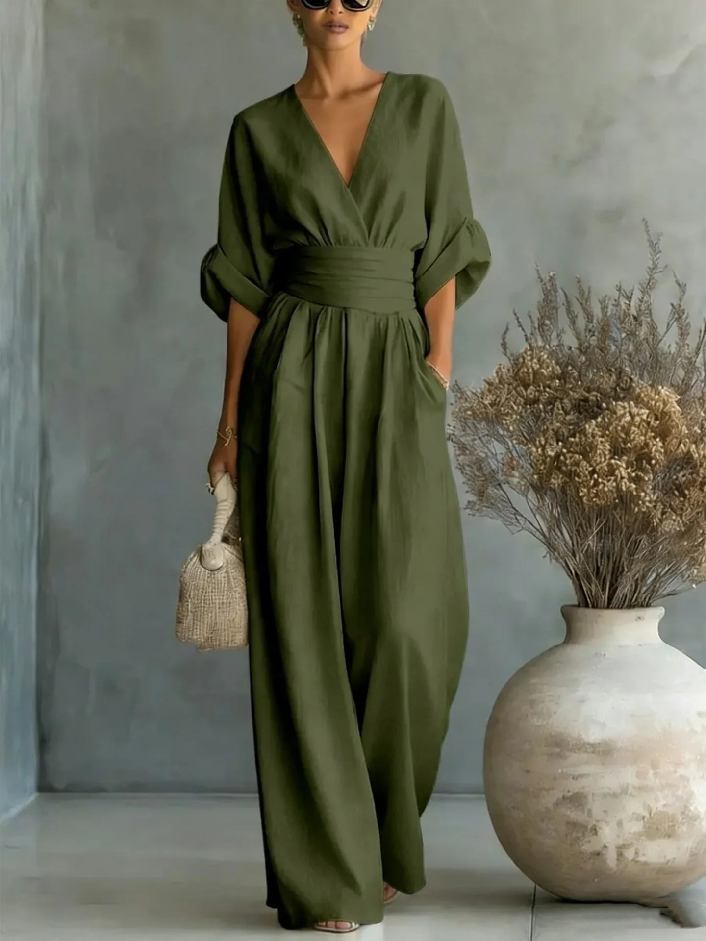 GRAINNE – ELEGANT WAISTED V-NECK JUMPSUIT