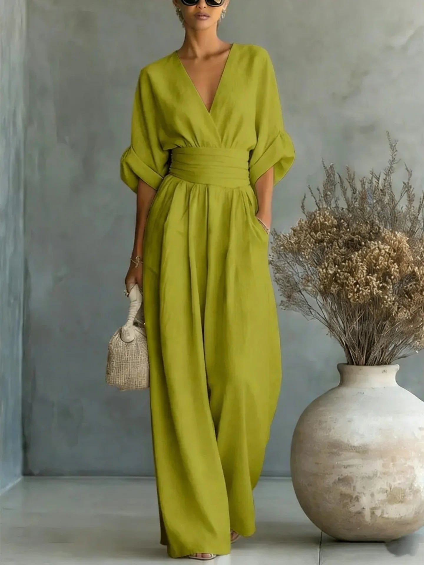 GRAINNE – ELEGANT WAISTED V-NECK JUMPSUIT