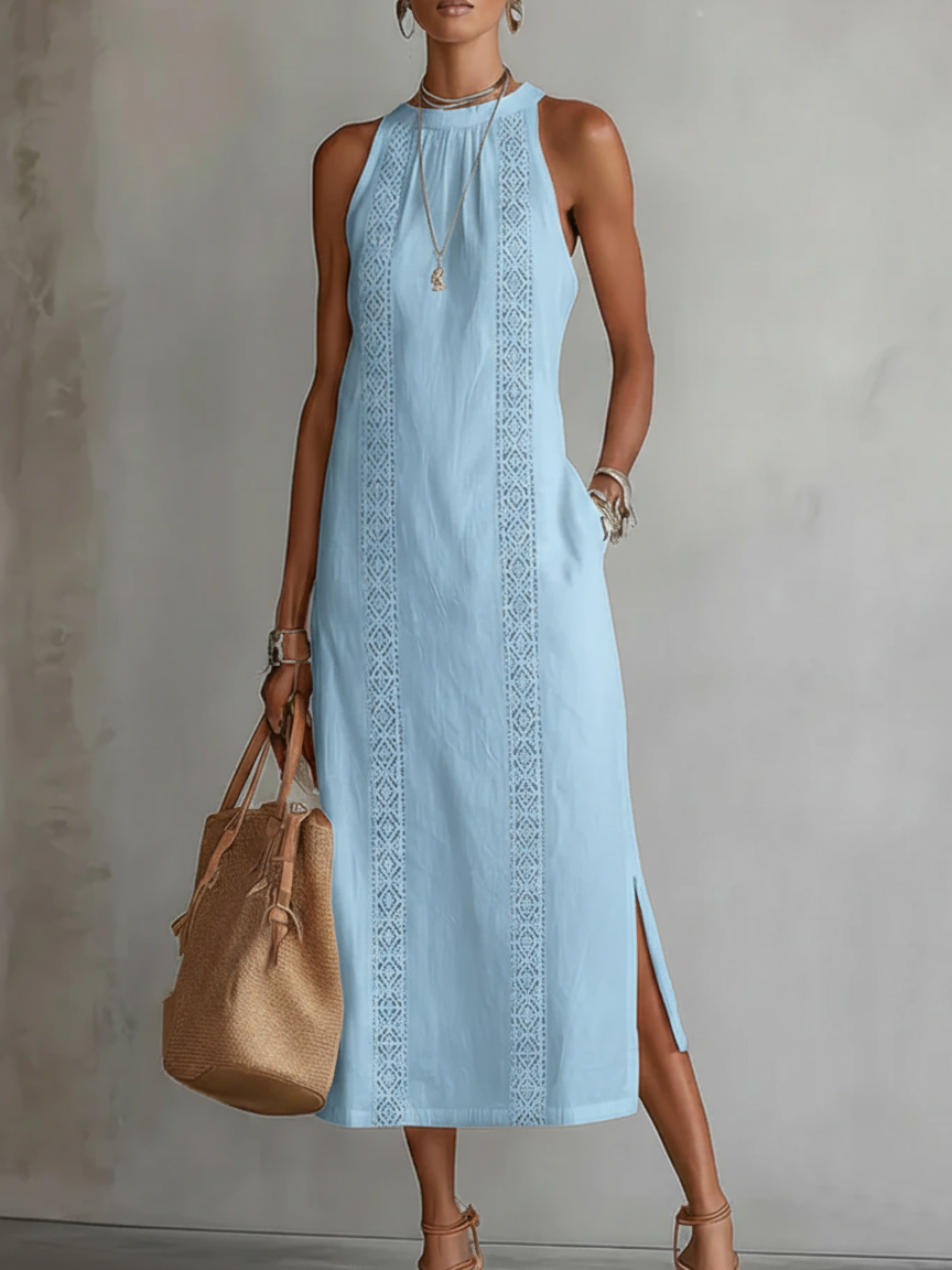JIMENA - EMBROIDERED MANDARIN COLLAR MIDI DRESS