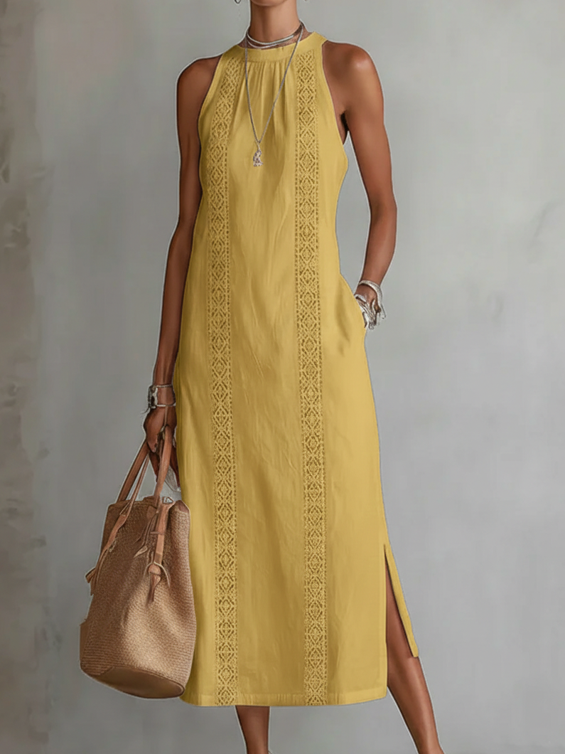 JIMENA - EMBROIDERED MANDARIN COLLAR MIDI DRESS