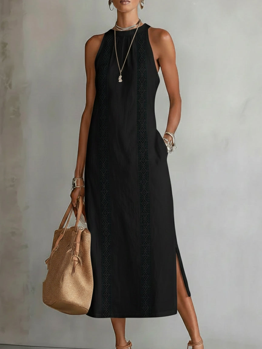 JIMENA - EMBROIDERED MANDARIN COLLAR MIDI DRESS
